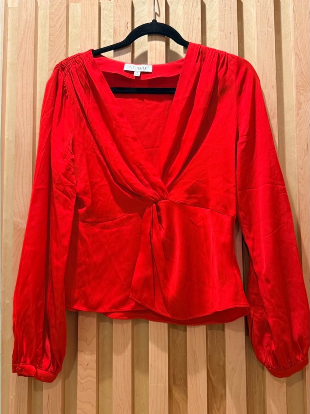 INTERMIX Red Twist-Front Satin Blouse